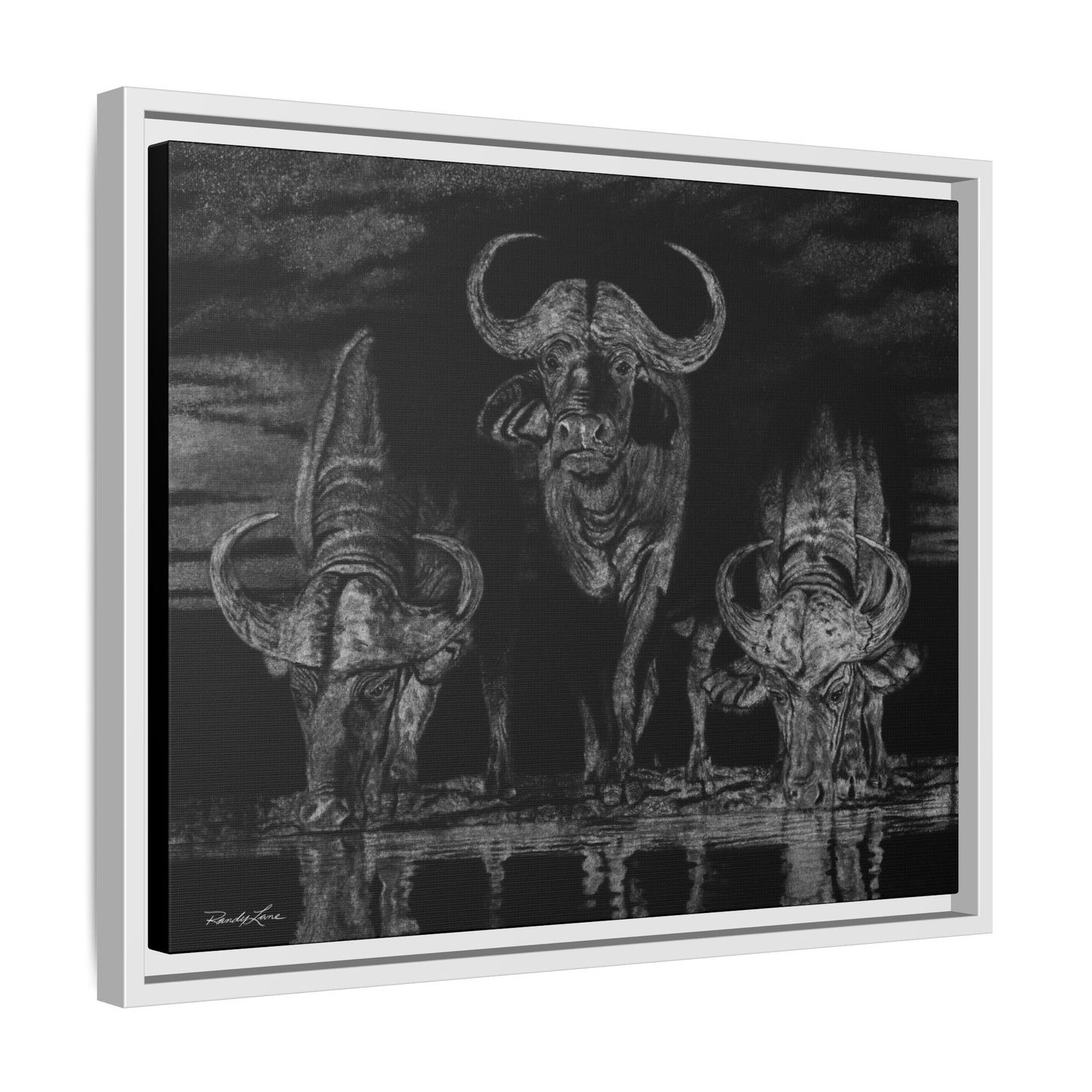 The Waterhole, Cape Buffalo Framed Canvas Wall Art