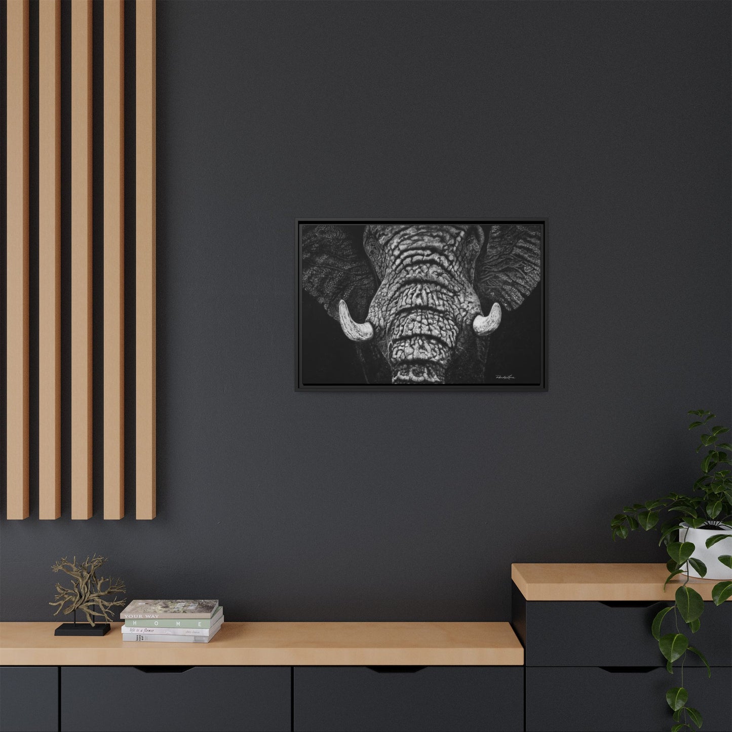 Ebony and Ivory, Elephant Portrait Framed Canvas Wall Art