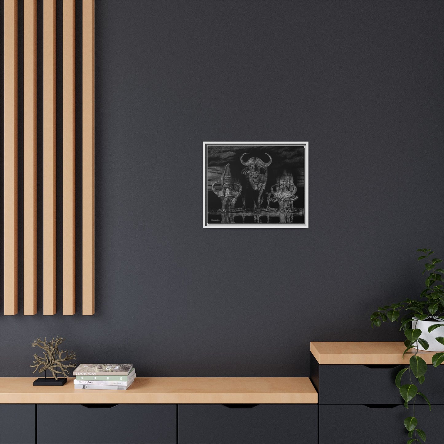 The Waterhole, Cape Buffalo Framed Canvas Wall Art