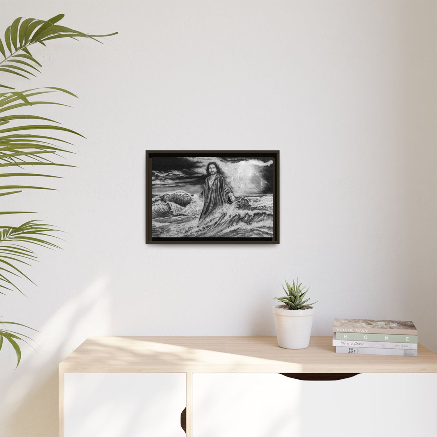 View from the Boat, Jesus Walking on Water Painting Framed Matte Canvas — Religious Wall Art
