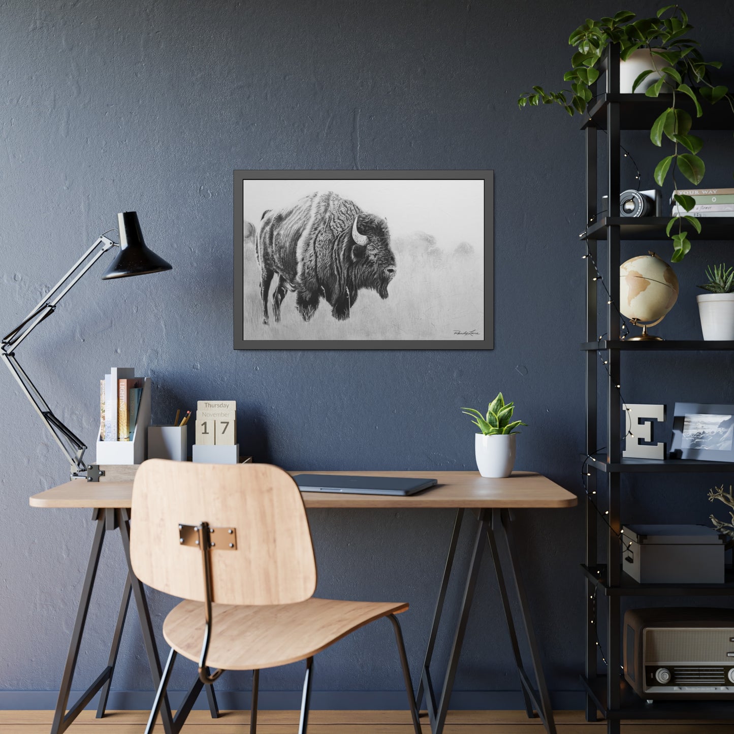 Prairie Bison, Bison Charcoal Art Framed Print