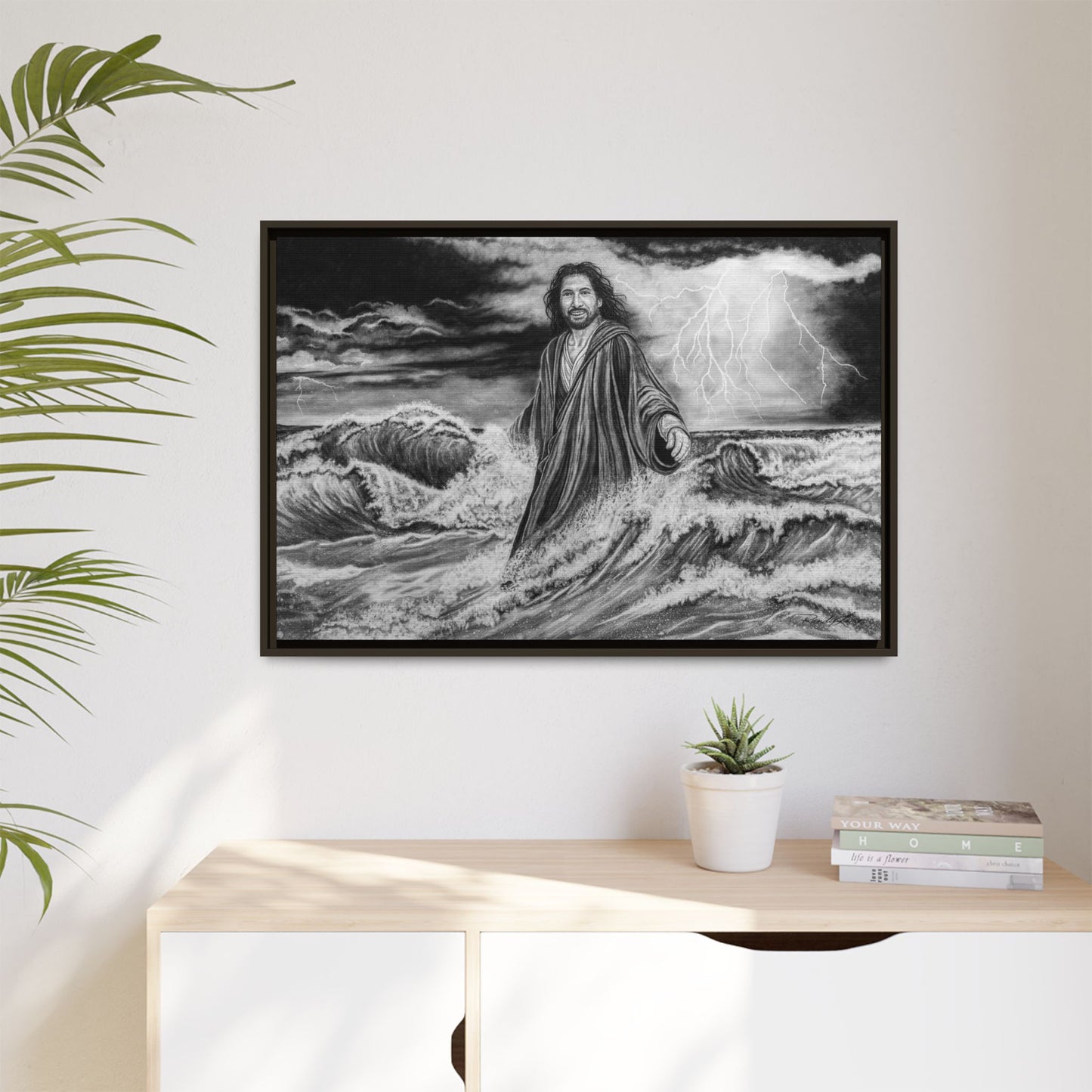 View from the Boat, Jesus Walking on Water Painting Framed Matte Canvas — Religious Wall Art