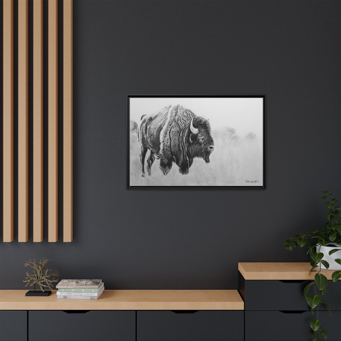 Prairie Bison, Bison Painting Framed Matte Canvas Print — Black & White Wildlife Wall Art