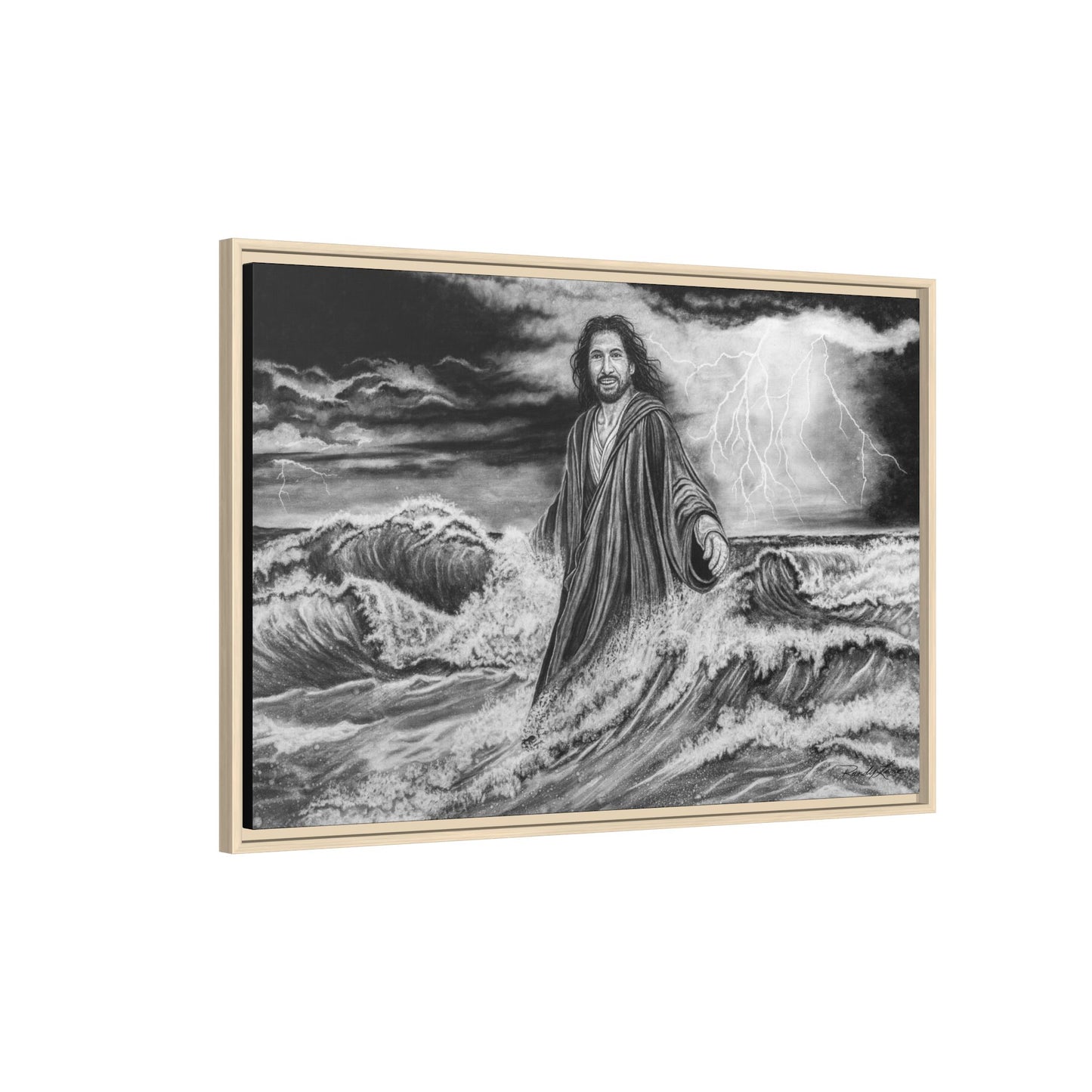 View from the Boat, Jesus Walking on Water Painting Framed Matte Canvas — Religious Wall Art