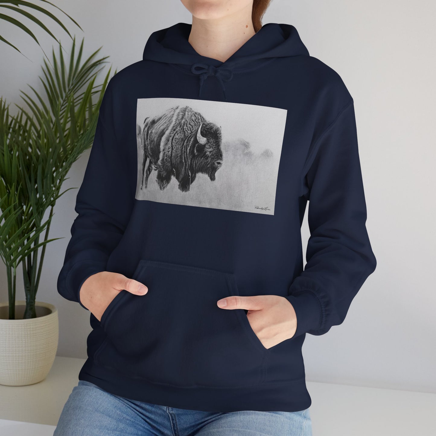 Prairie Bison, Bison Painting Hoodie — Black & White Rustic Buffalo Image Sweatshirt