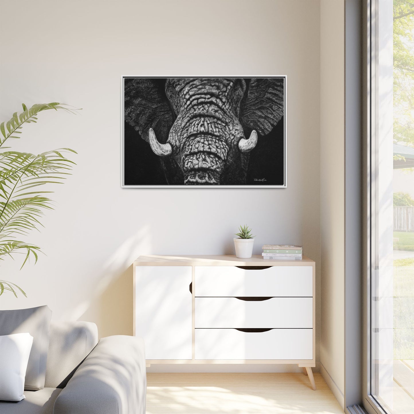 Ebony and Ivory, Elephant Portrait Framed Canvas Wall Art