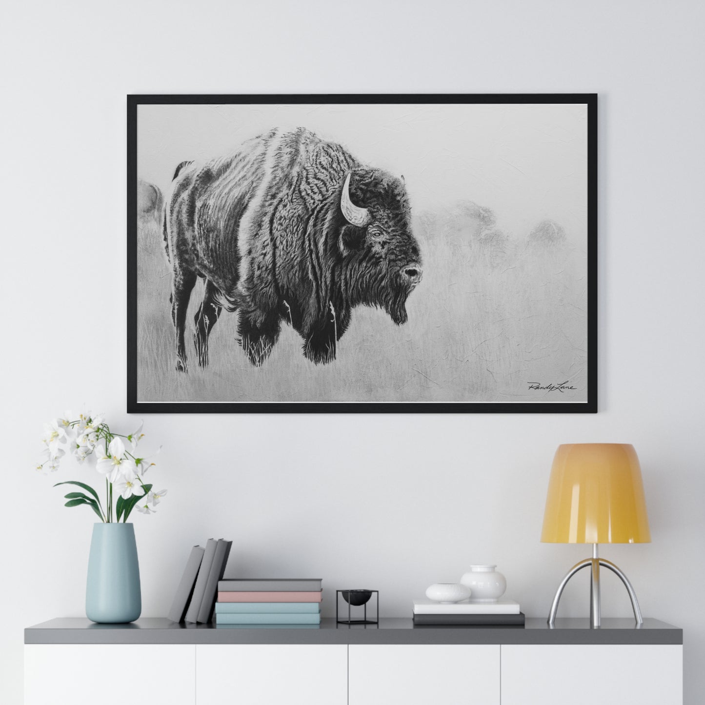 Prairie Bison, Bison Painting Framed Art Print — Black & White Wildlife Poster