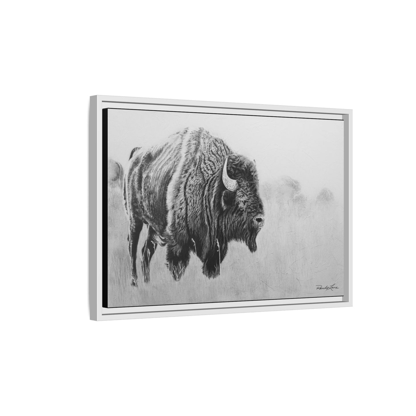 Prairie Bison, Bison Painting Framed Matte Canvas Print — Black & White Wildlife Wall Art