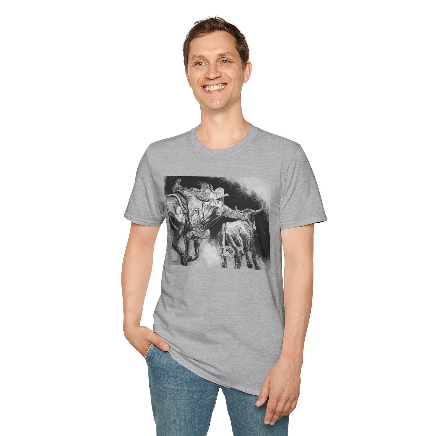 Contact. Cowboy Bulldogger Rodeo Art Unisex Softstyle T-Shirt