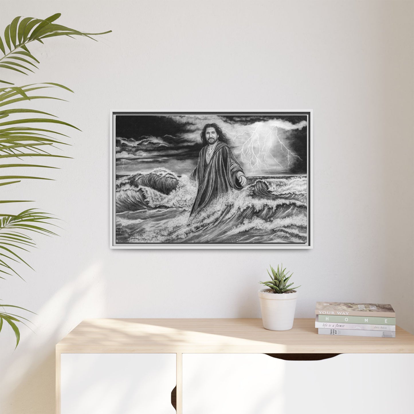 View from the Boat, Jesus Walking on Water Painting Framed Matte Canvas — Religious Wall Art
