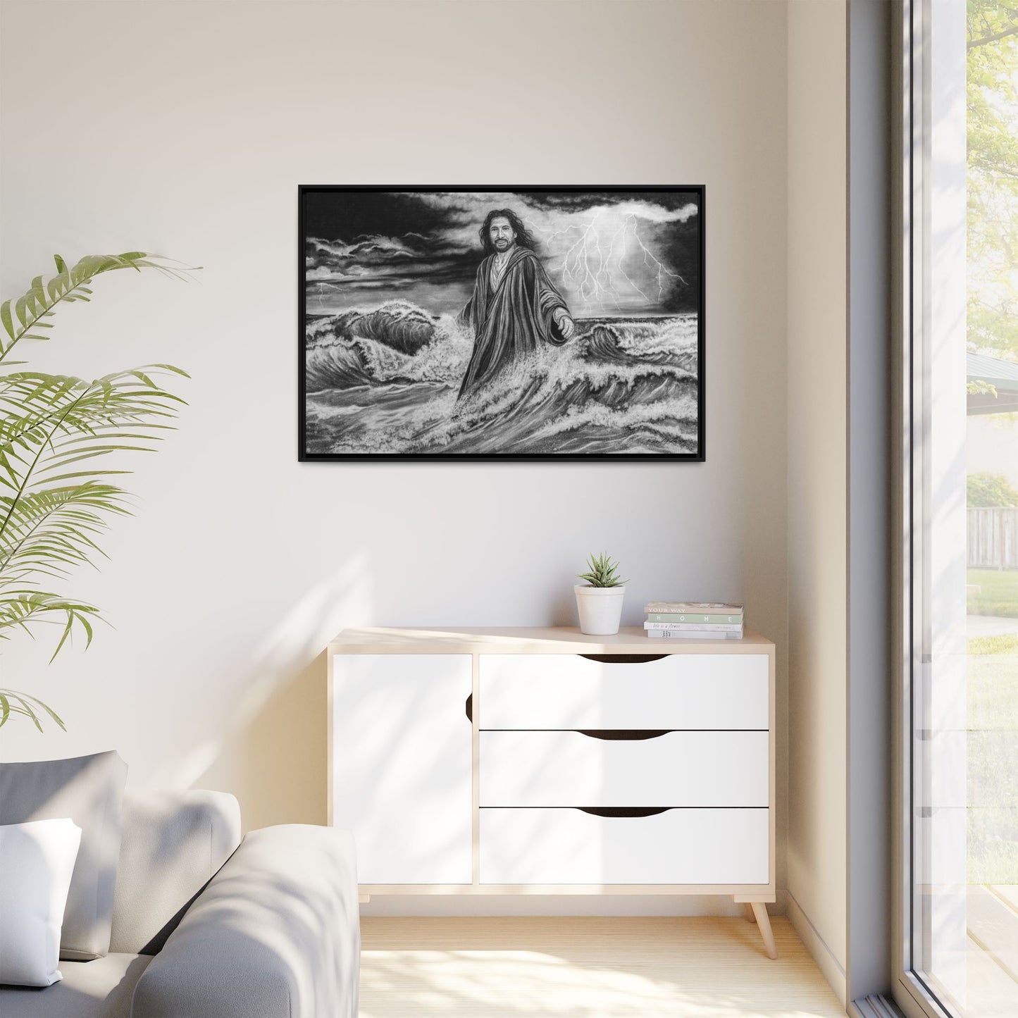 View from the Boat, Jesus Walking on Water Painting Framed Matte Canvas — Religious Wall Art