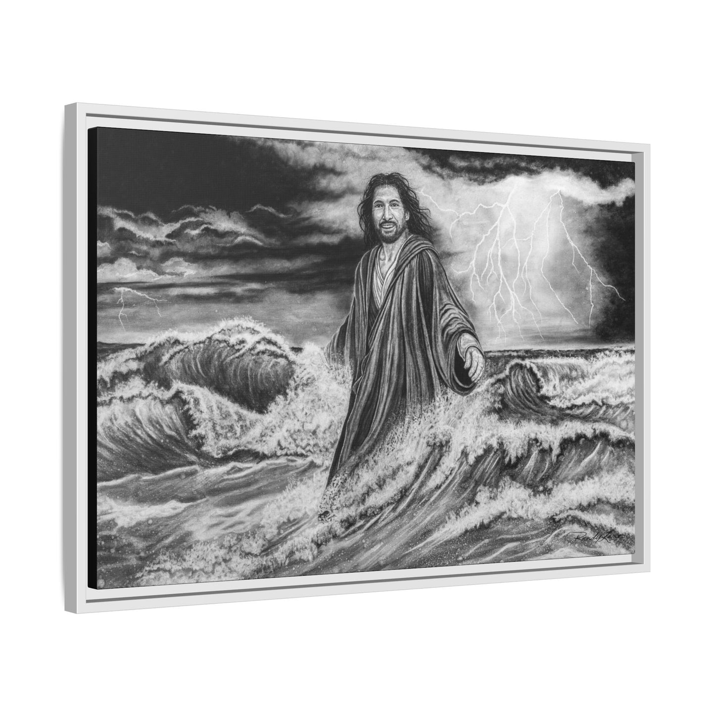 View from the Boat, Jesus Walking on Water Painting Framed Matte Canvas — Religious Wall Art