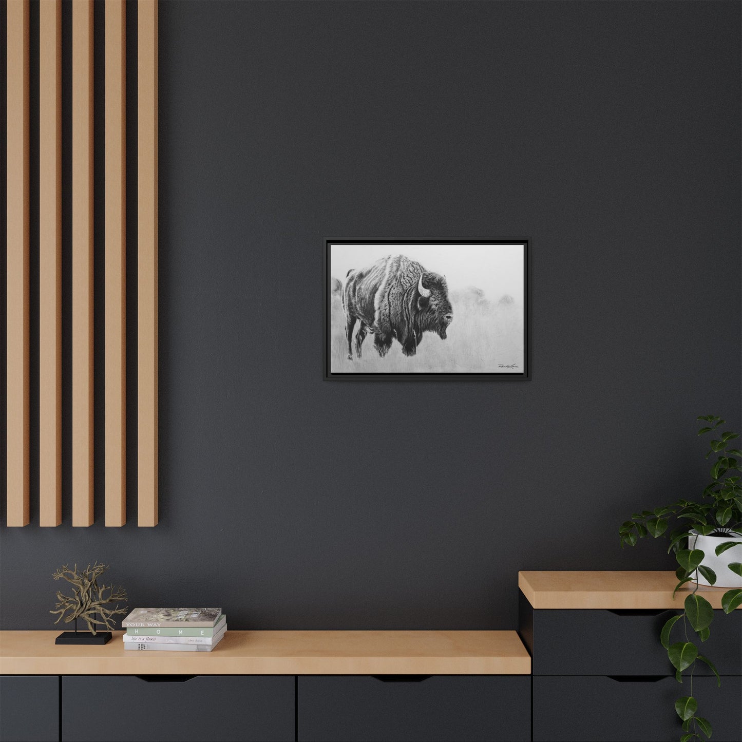 Prairie Bison, Bison Painting Framed Matte Canvas Print — Black & White Wildlife Wall Art