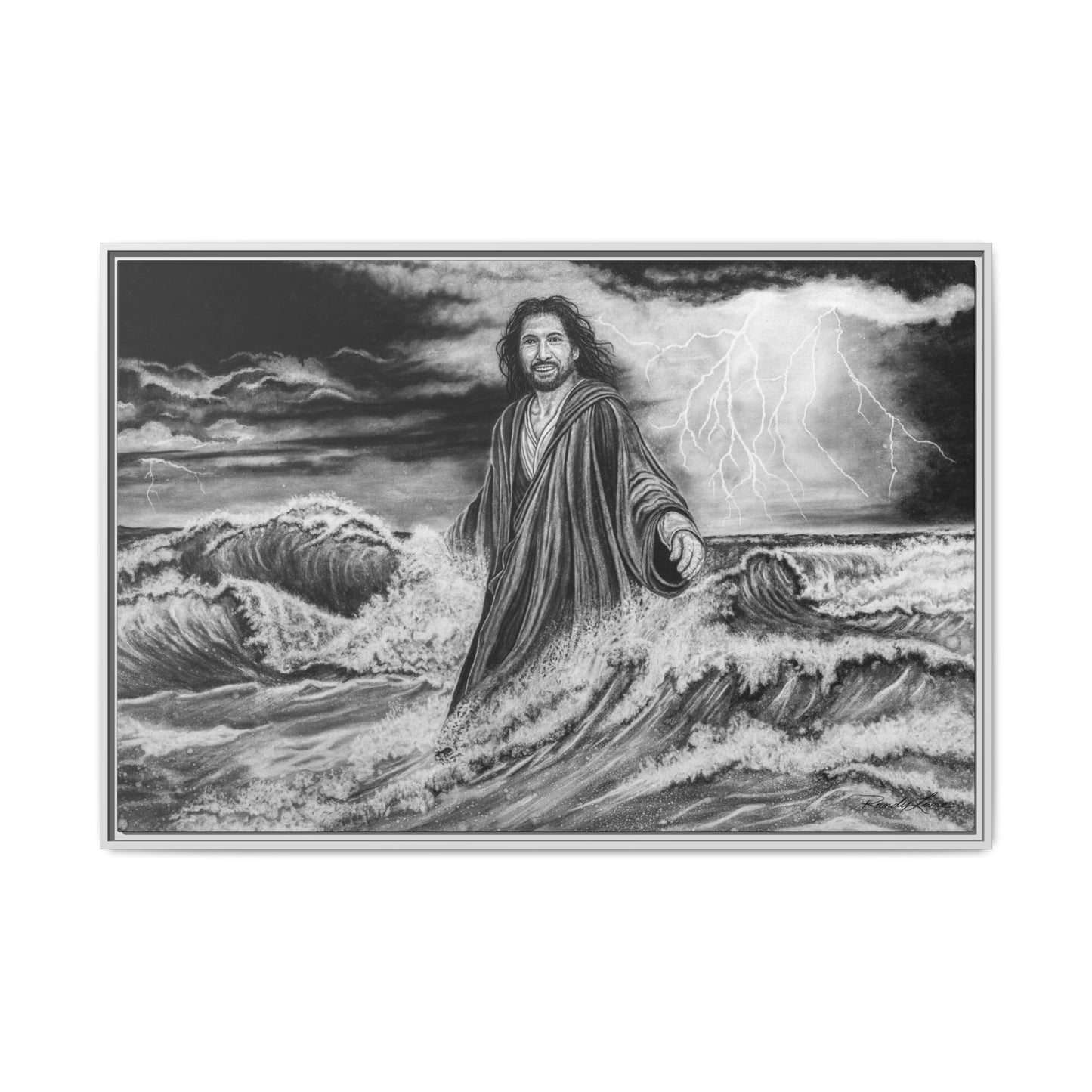 View from the Boat, Jesus Walking on Water Painting Framed Matte Canvas — Religious Wall Art