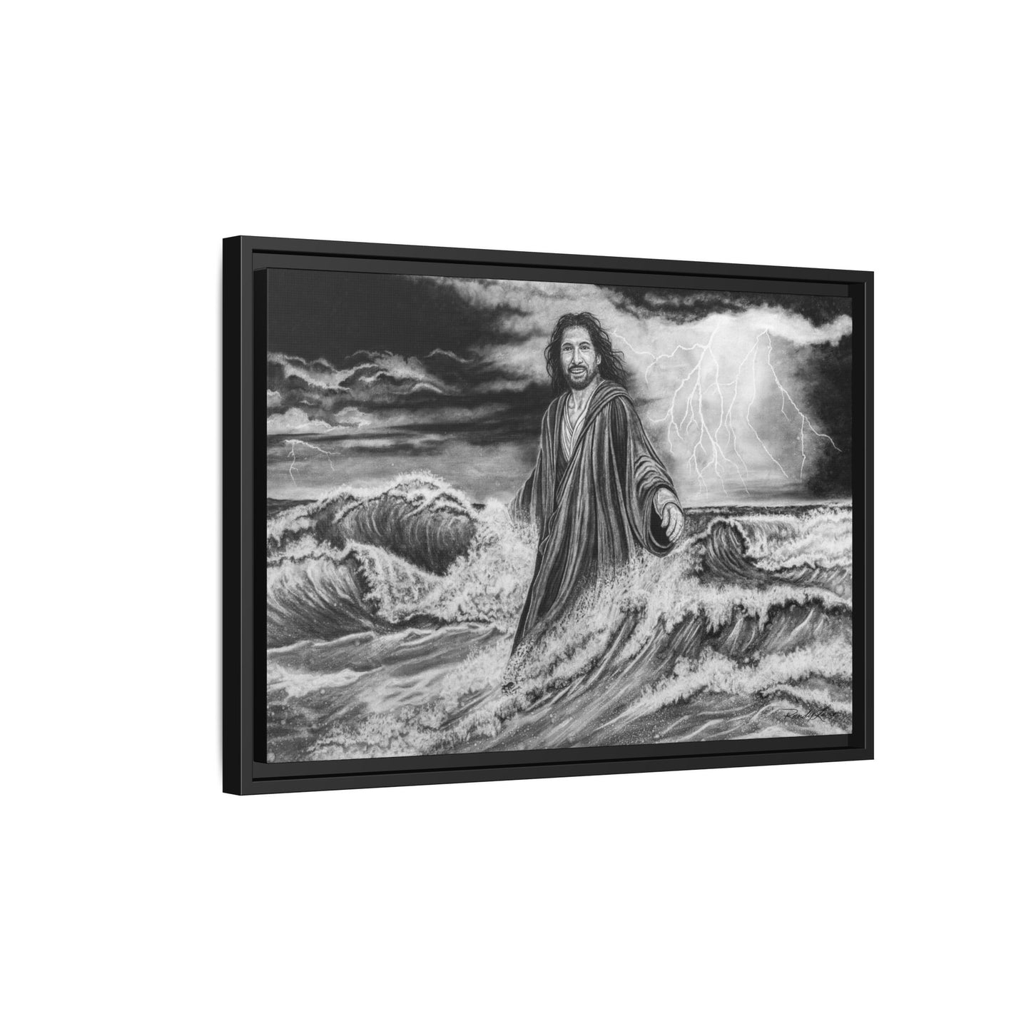 View from the Boat, Jesus Walking on Water Painting Framed Matte Canvas — Religious Wall Art