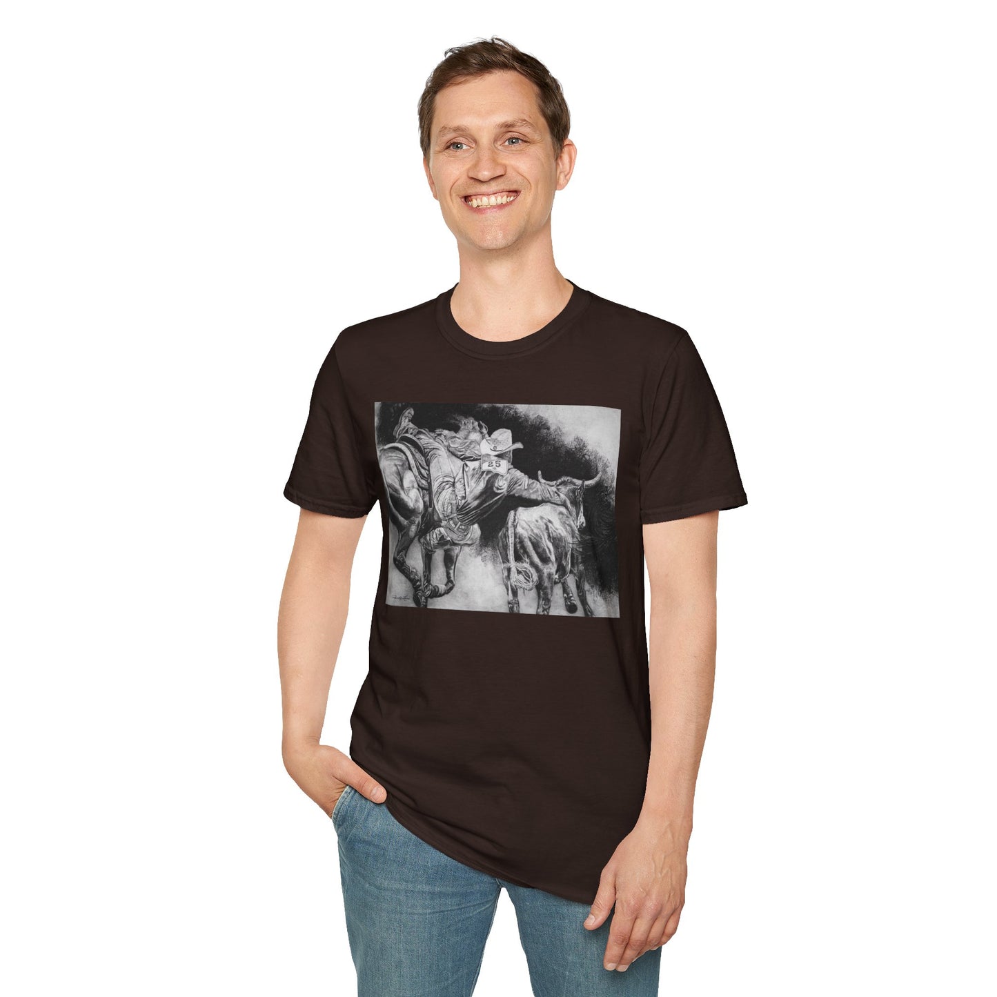 Contact. Cowboy Bulldogger Rodeo Art Unisex Softstyle T-Shirt