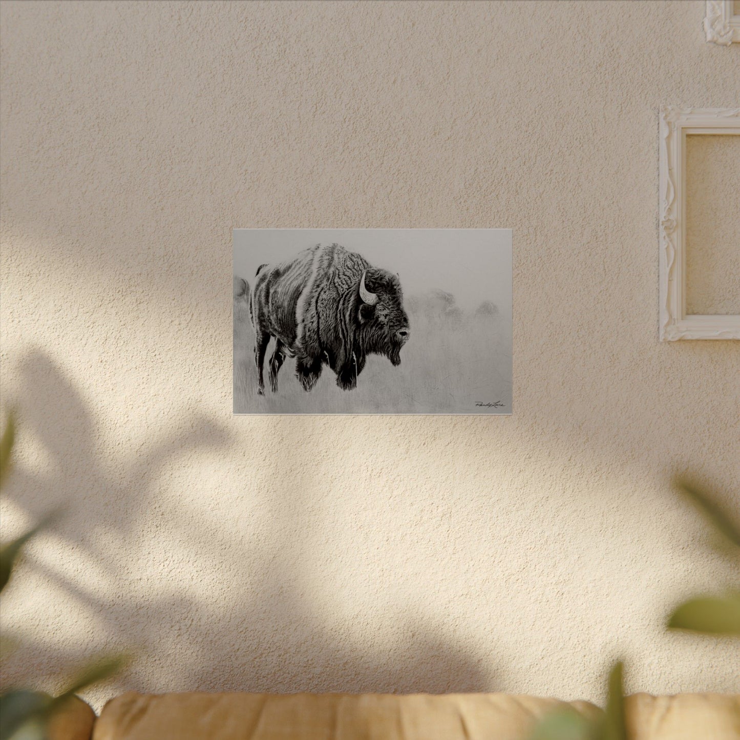 Prairie Bison, Bison Painting Matte Print – Textured Black & White Wildlife Art Print