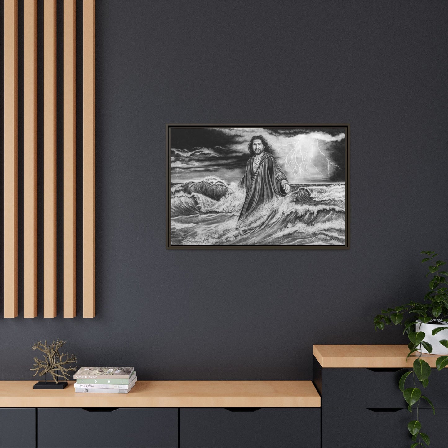 View from the Boat, Jesus Walking on Water Painting Framed Matte Canvas — Religious Wall Art