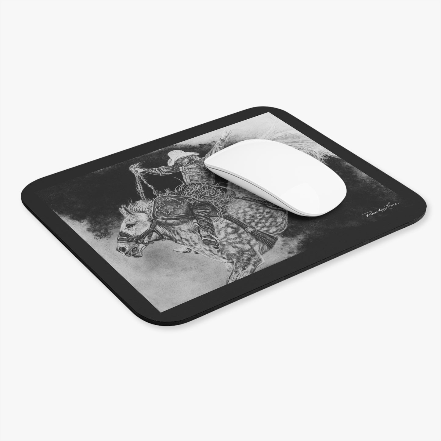 Big Grey, Rodeo Bareback Bronc Painting Mouse Pad — Bucking Bronco Desk Mat