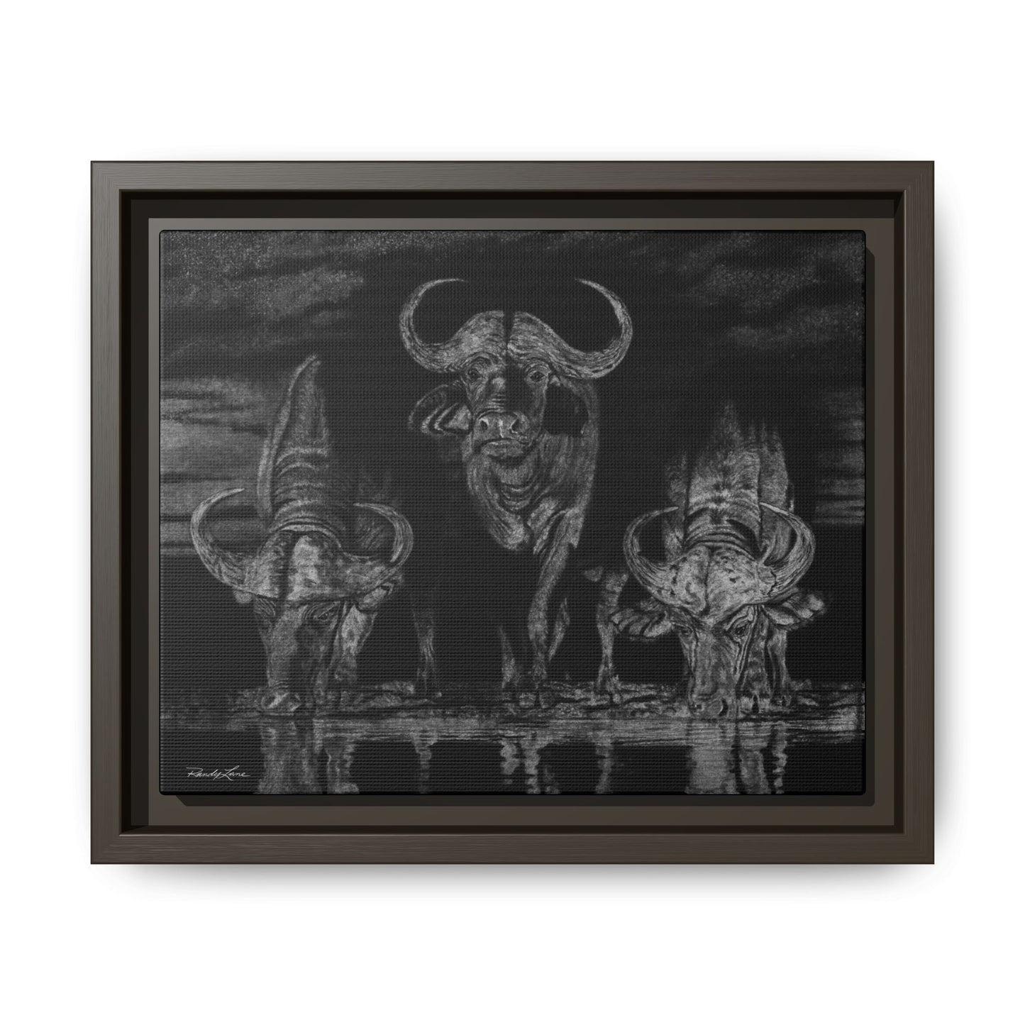The Waterhole, Cape Buffalo Framed Canvas Wall Art