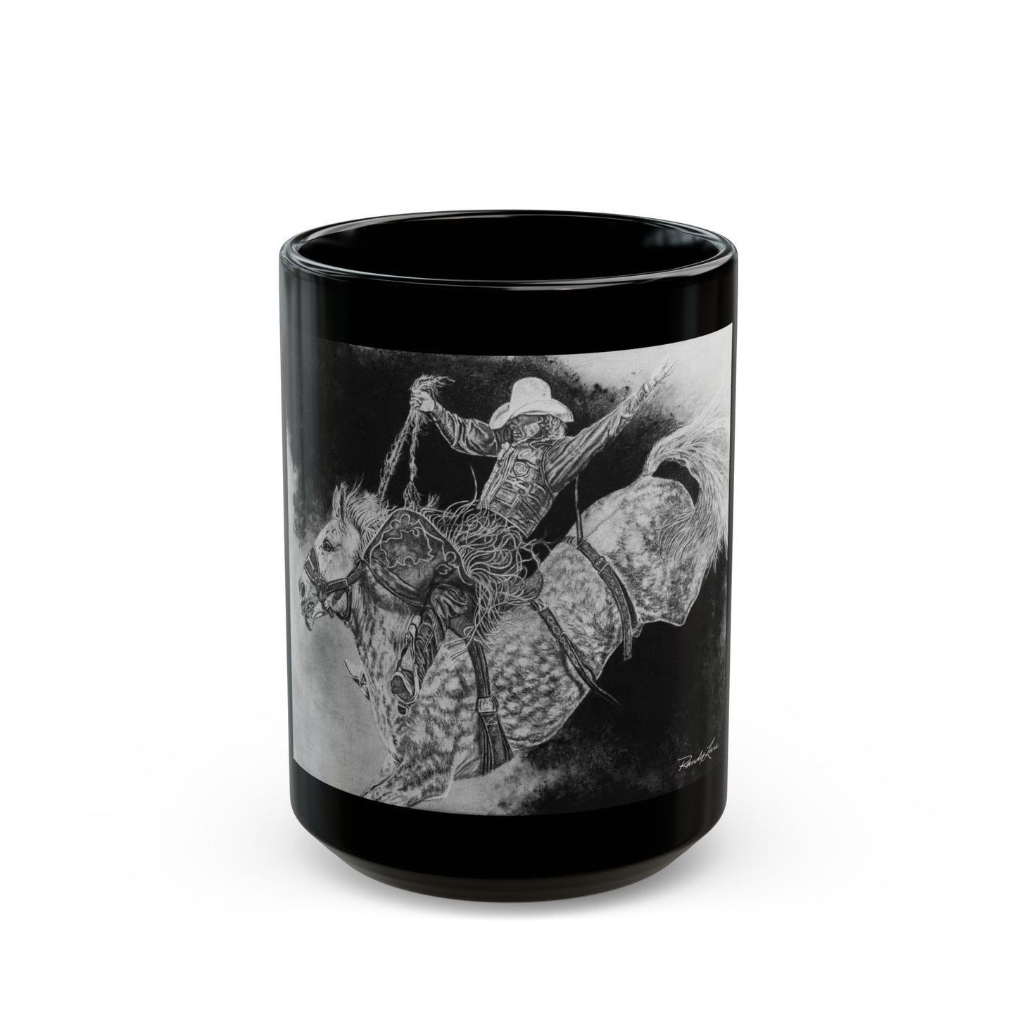 Big Grey, Rodeo Bareback Bronc Painting Black Mug — Western Bucking Bronco Coffee Cup (11oz/15oz)