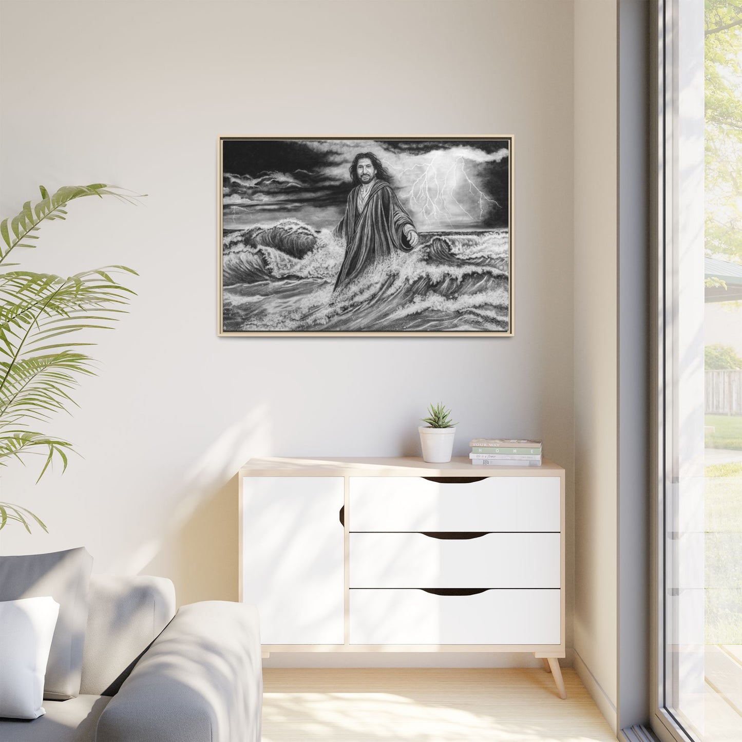 View from the Boat, Jesus Walking on Water Painting Framed Matte Canvas — Religious Wall Art