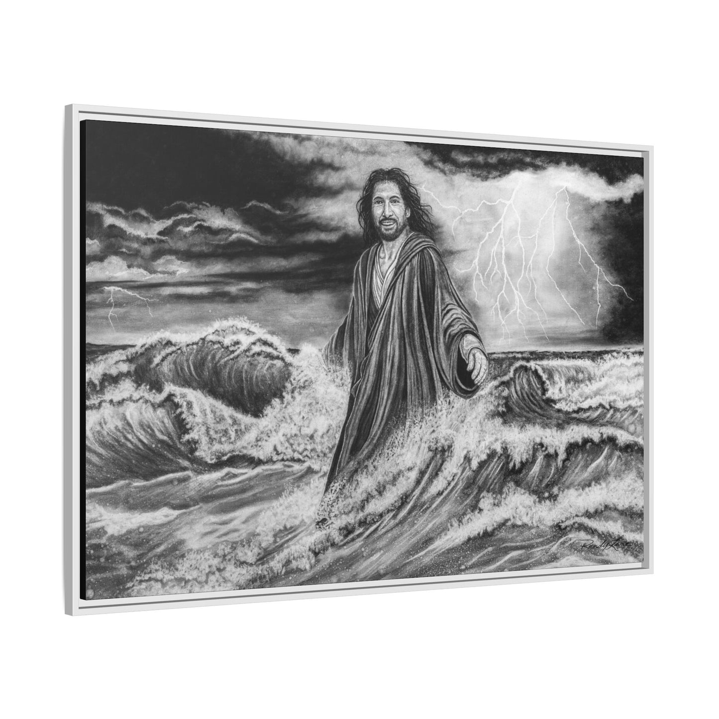 View from the Boat, Jesus Walking on Water Painting Framed Matte Canvas — Religious Wall Art