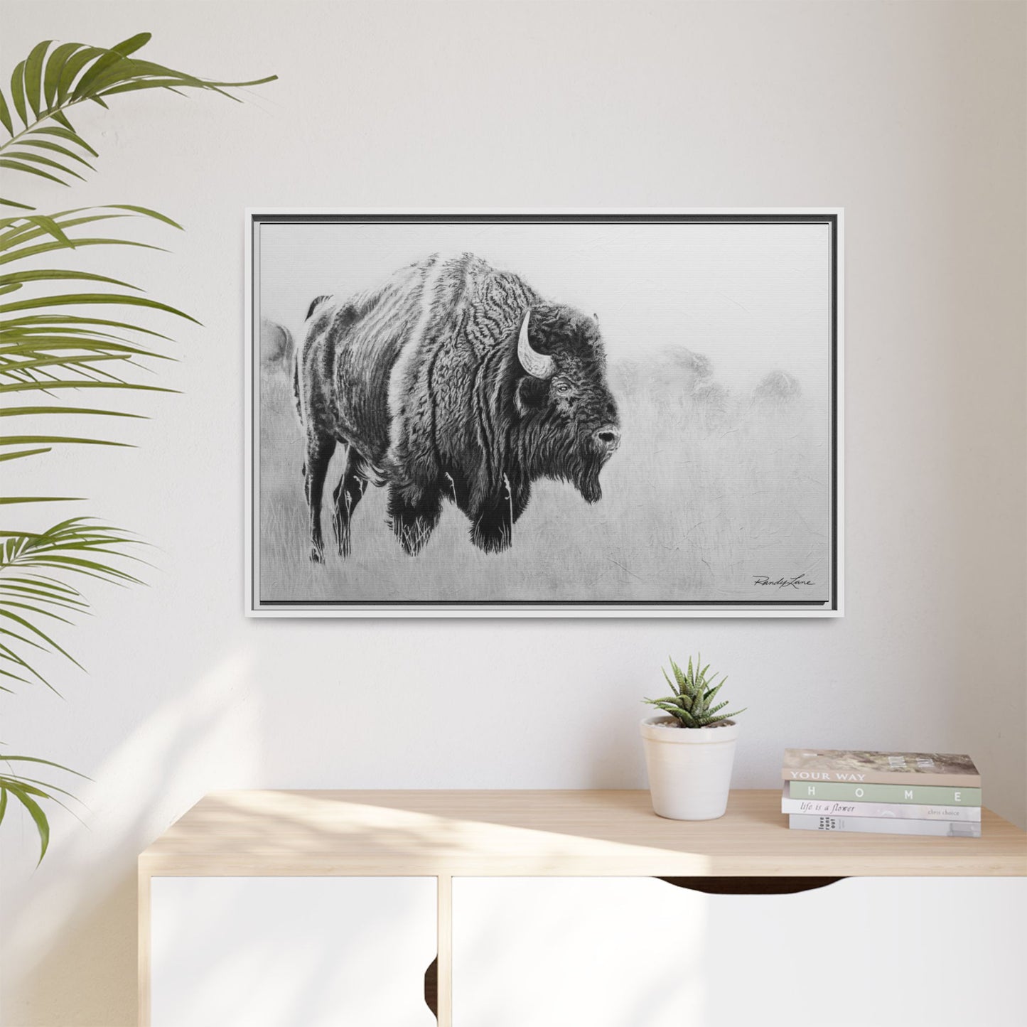 Prairie Bison, Bison Painting Framed Matte Canvas Print — Black & White Wildlife Wall Art