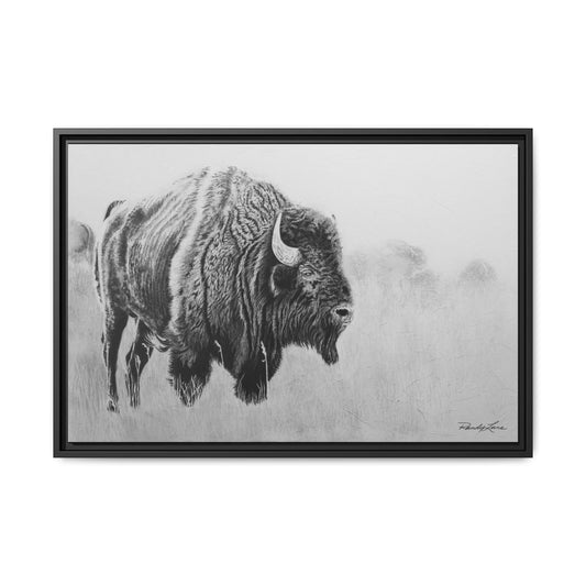 Prairie Bison, Bison Painting Framed Matte Canvas Print — Black & White Wildlife Wall Art