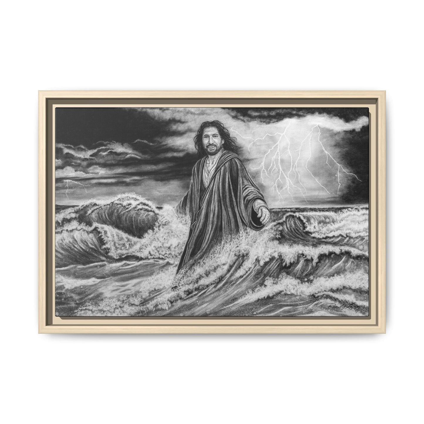 View from the Boat, Jesus Walking on Water Painting Framed Matte Canvas — Religious Wall Art