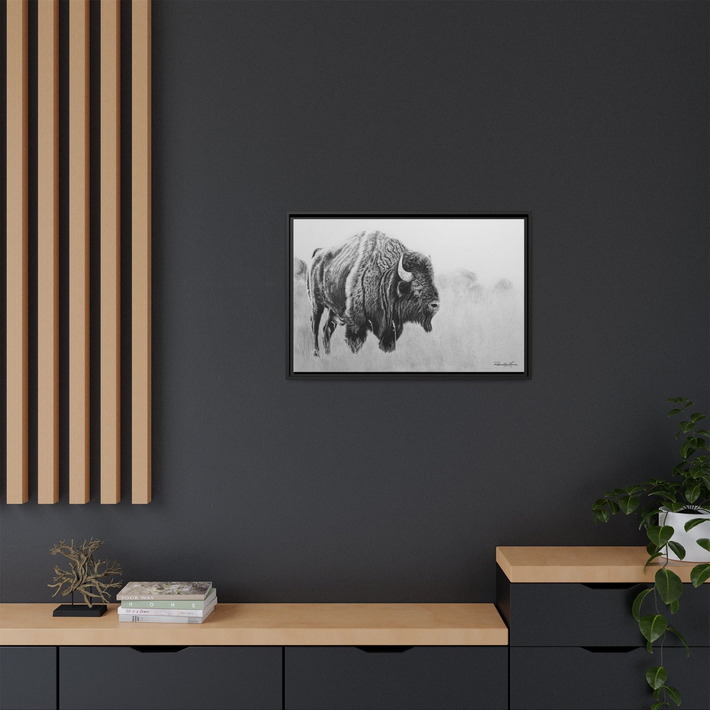 Prairie Bison, Bison Painting Framed Matte Canvas Print — Black & White Wildlife Wall Art