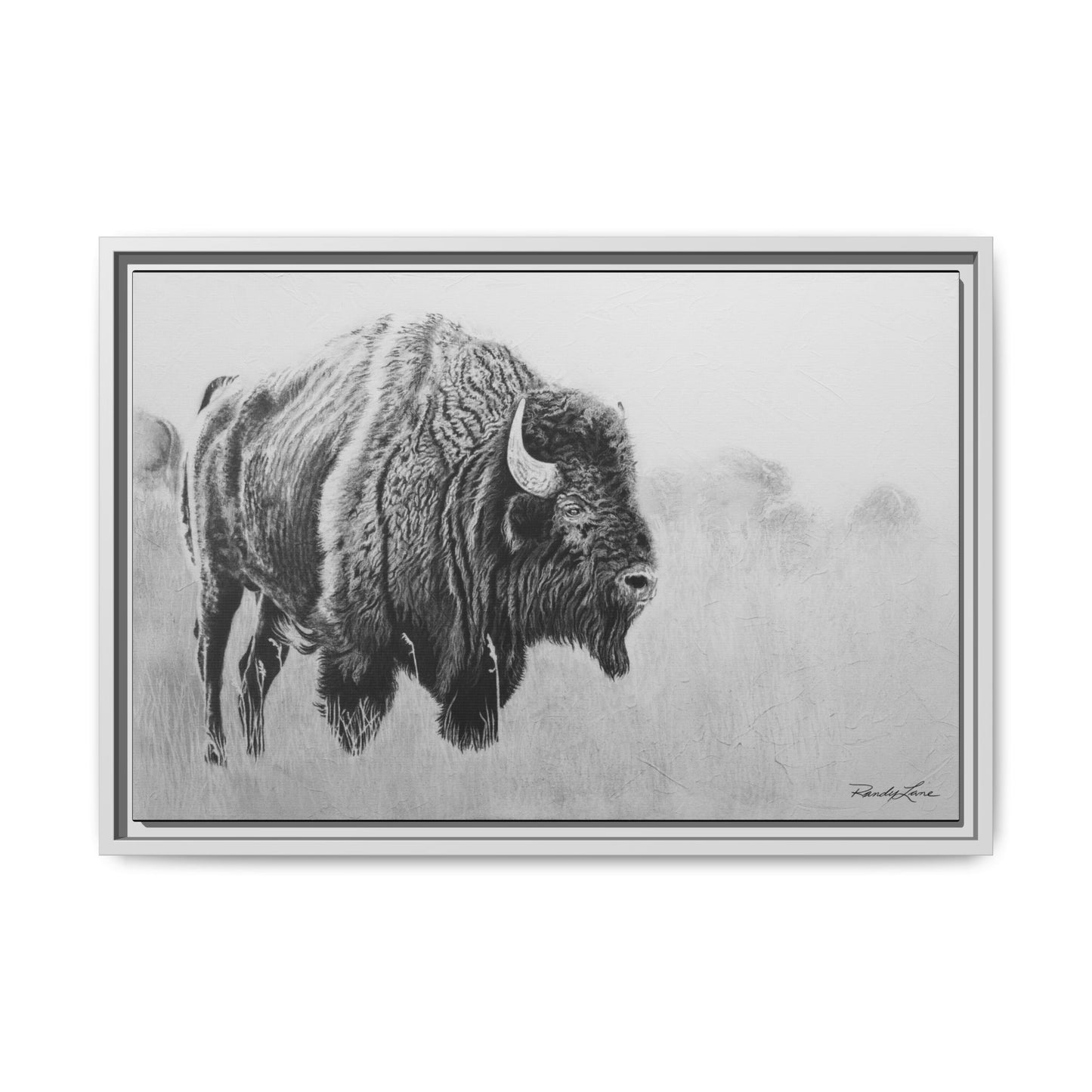 Prairie Bison, Bison Painting Framed Matte Canvas Print — Black & White Wildlife Wall Art