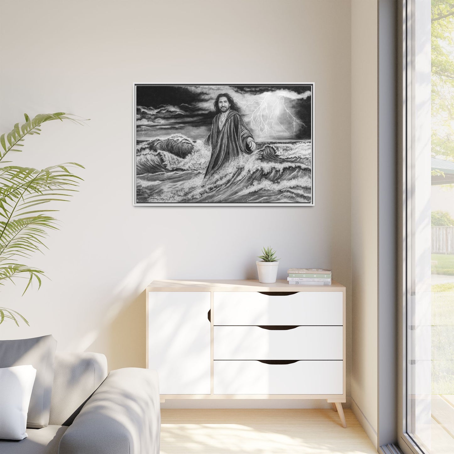 View from the Boat, Jesus Walking on Water Painting Framed Matte Canvas — Religious Wall Art