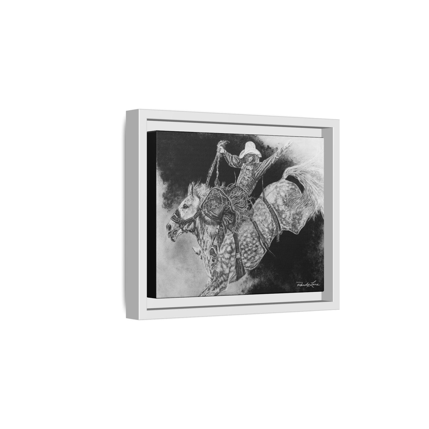 Big Grey, Rodeo Bareback Bronc Painting Framed Matte Canvas Wall Art — Bucking Bronco Cowboy Print