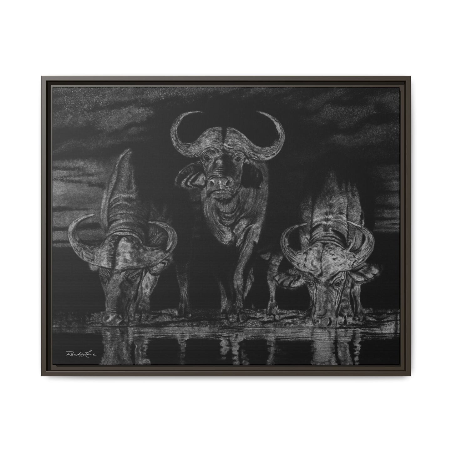 The Waterhole, Cape Buffalo Framed Canvas Wall Art