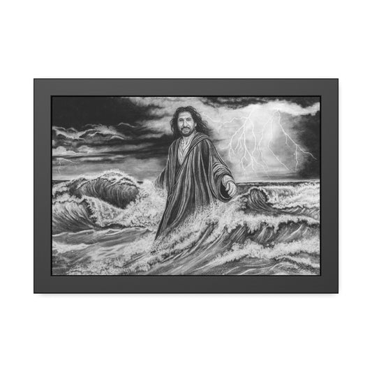 View from the Boat, Jesus Walking on Water Painting, Framed Fine Art Print, Black & White Religious Wall Art