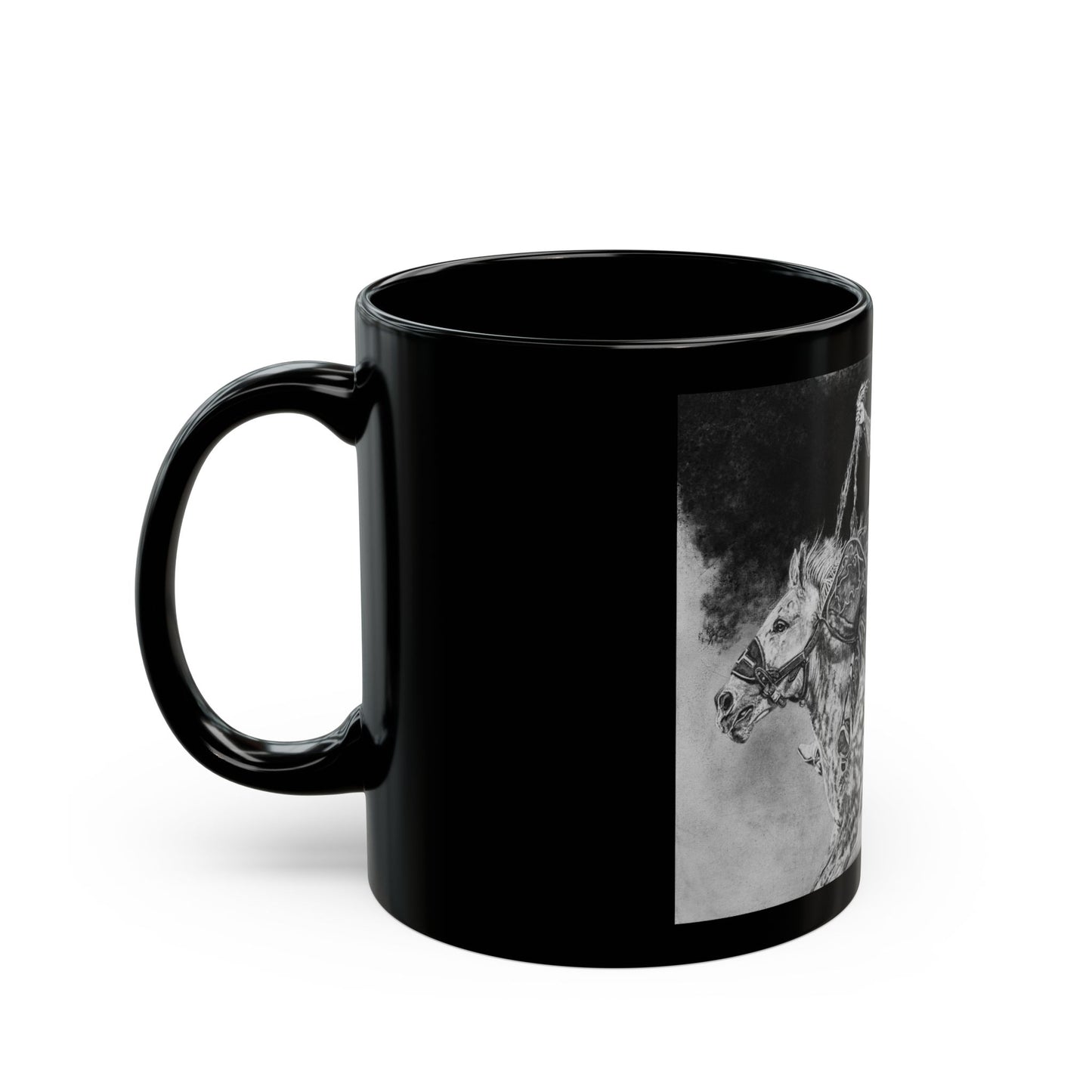 Big Grey, Rodeo Bareback Bronc Painting Black Mug — Western Bucking Bronco Coffee Cup (11oz/15oz)
