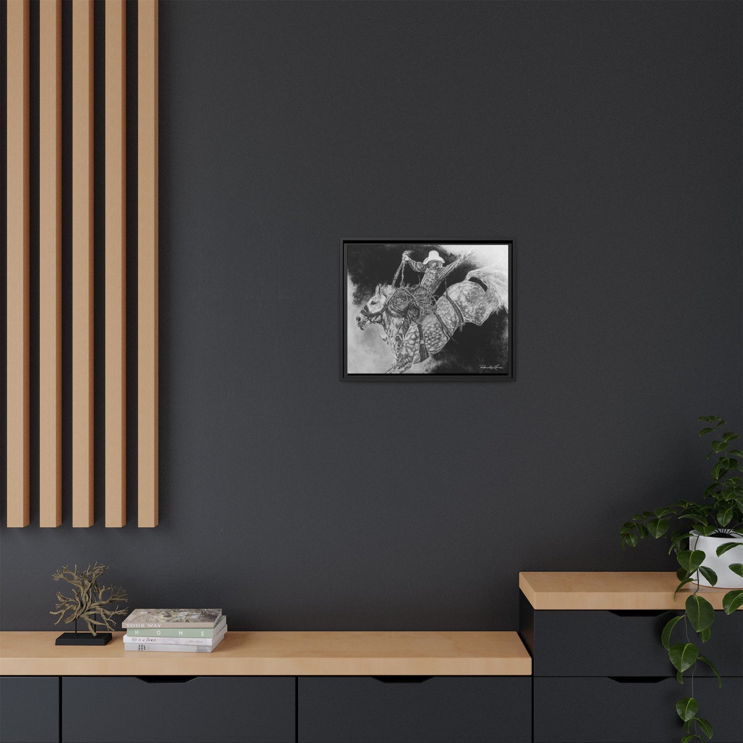 Big Grey, Rodeo Bareback Bronc Painting Framed Matte Canvas Wall Art — Bucking Bronco Cowboy Print