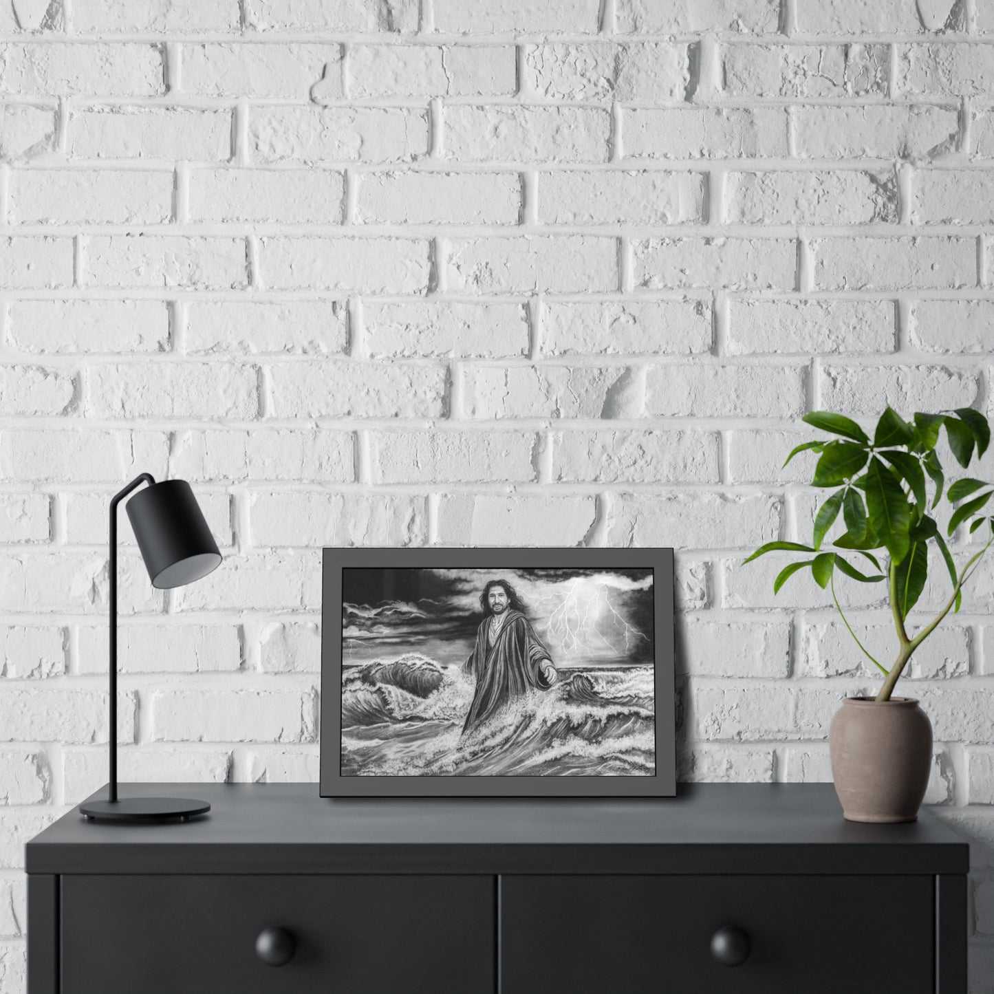 View from the Boat, Jesus Walking on Water Painting, Framed Fine Art Print, Black & White Religious Wall Art