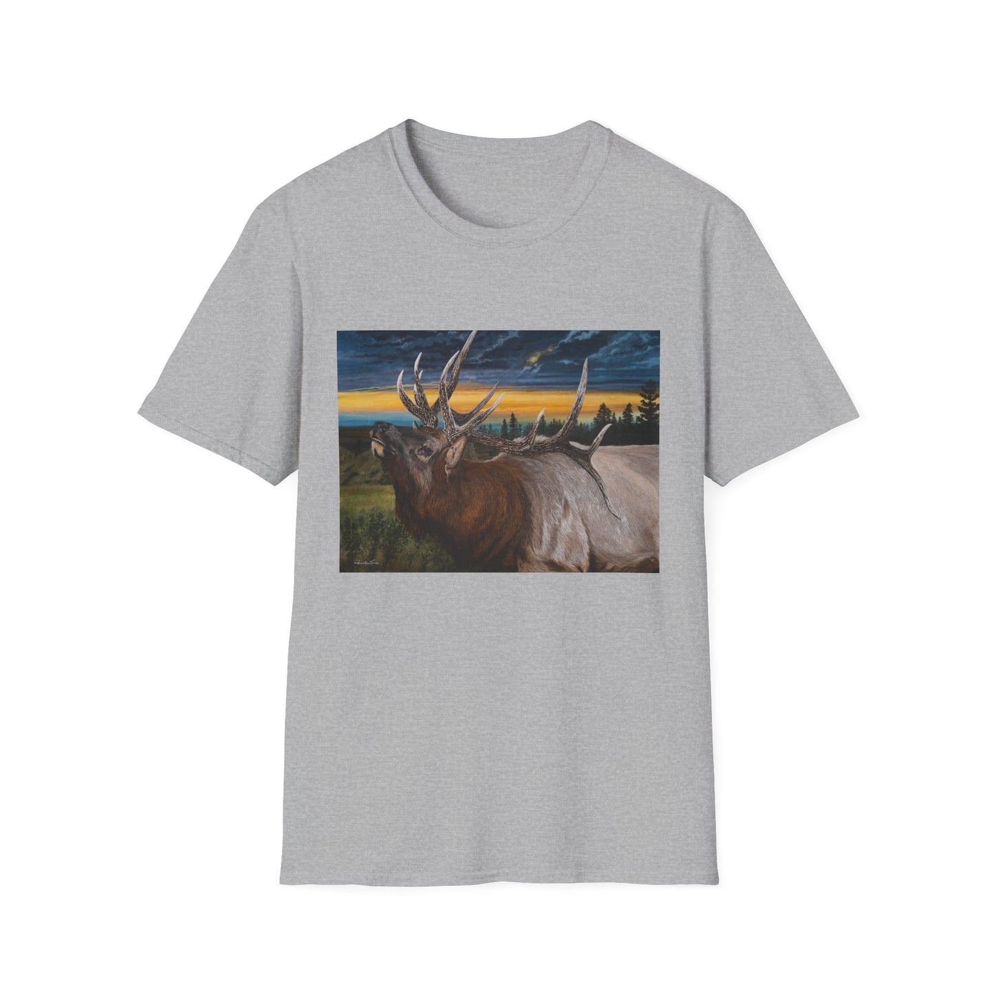 Sunset Serenade,  Elk Graphic Unisex soft T-Shirt