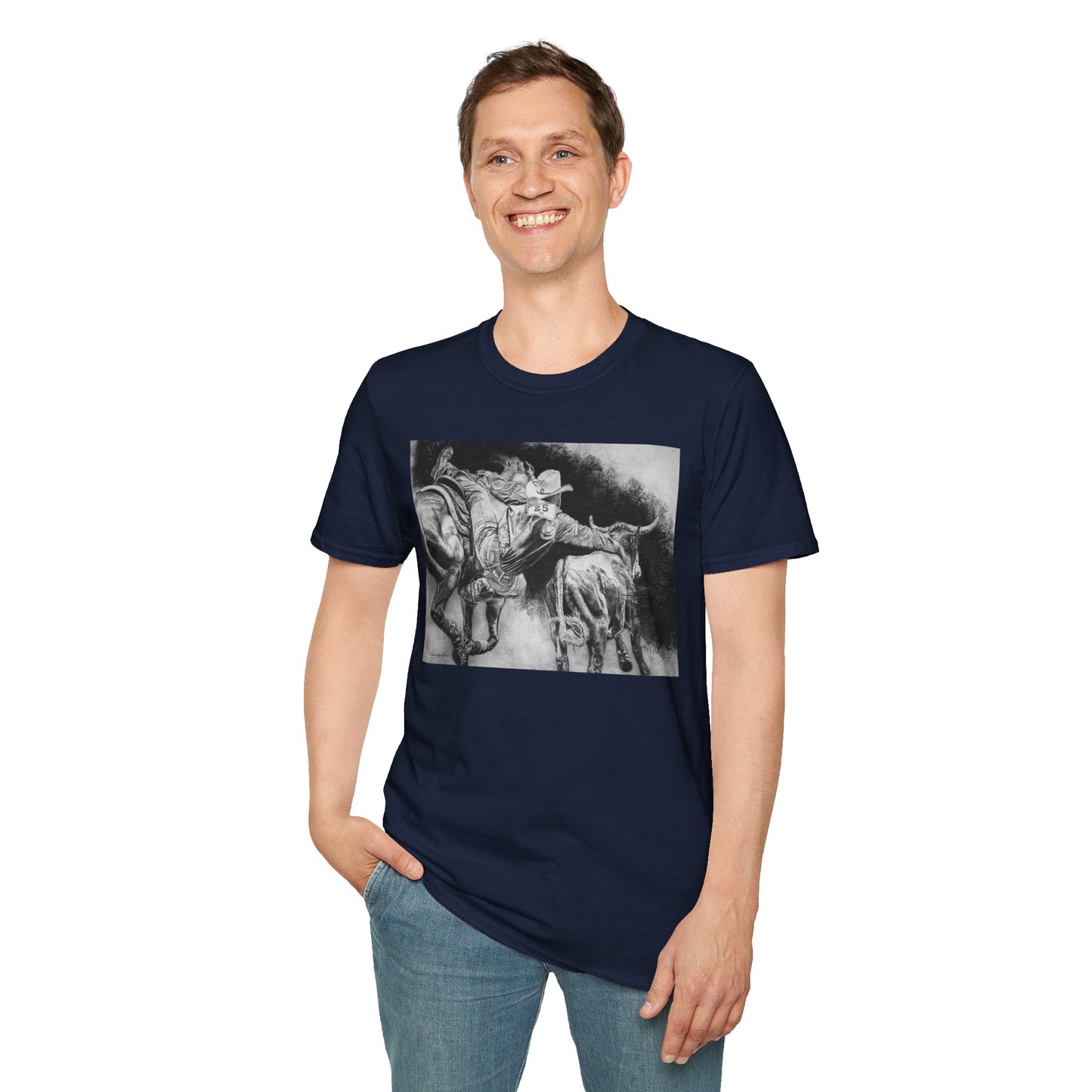 Contact. Cowboy Bulldogger Rodeo Art Unisex Softstyle T-Shirt