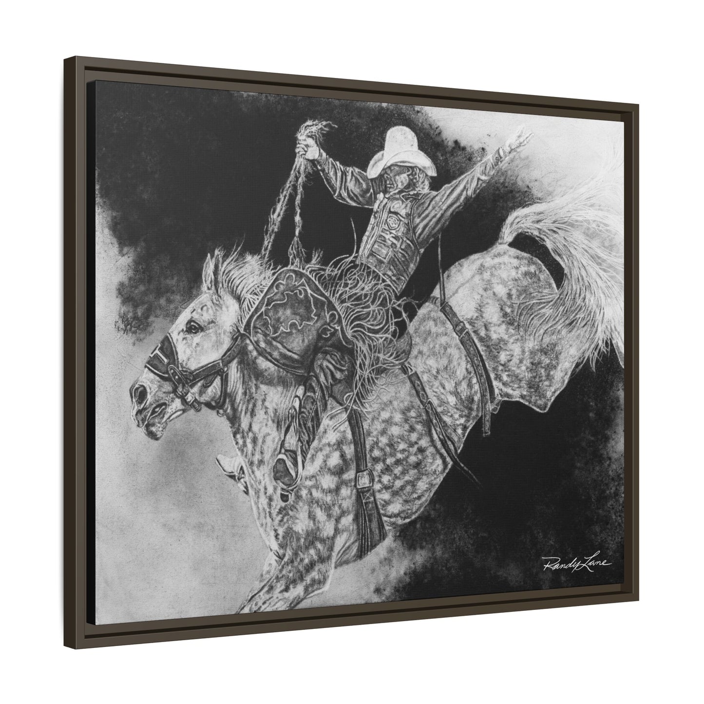 Big Grey, Rodeo Bareback Bronc Painting Framed Matte Canvas Wall Art — Bucking Bronco Cowboy Print