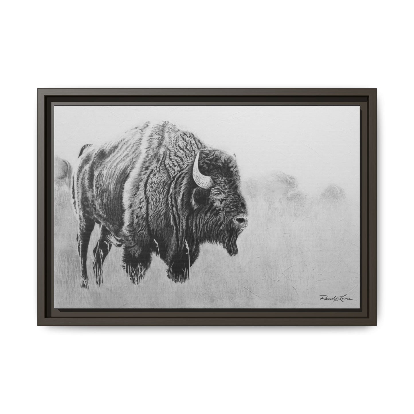 Prairie Bison, Bison Painting Framed Matte Canvas Print — Black & White Wildlife Wall Art