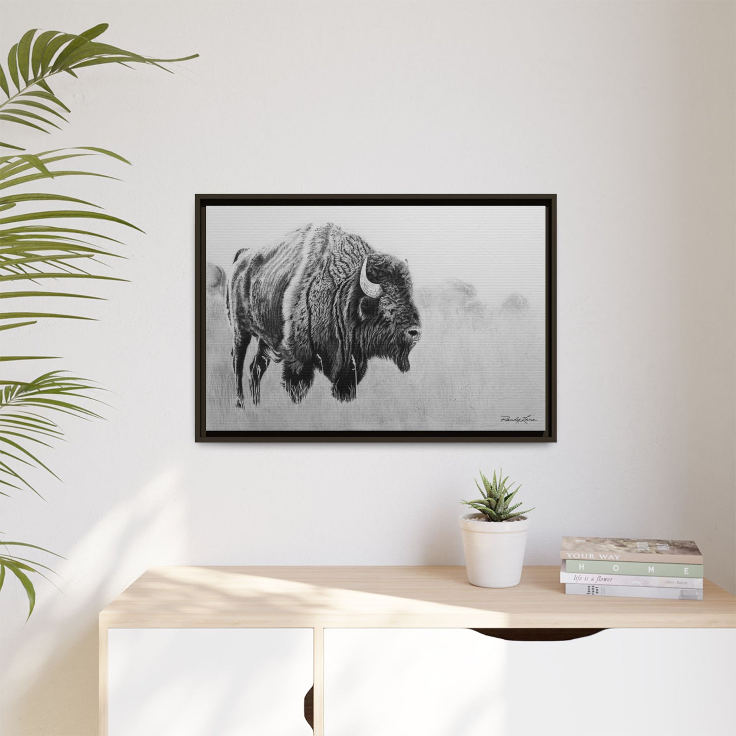Prairie Bison, Bison Painting Framed Matte Canvas Print — Black & White Wildlife Wall Art