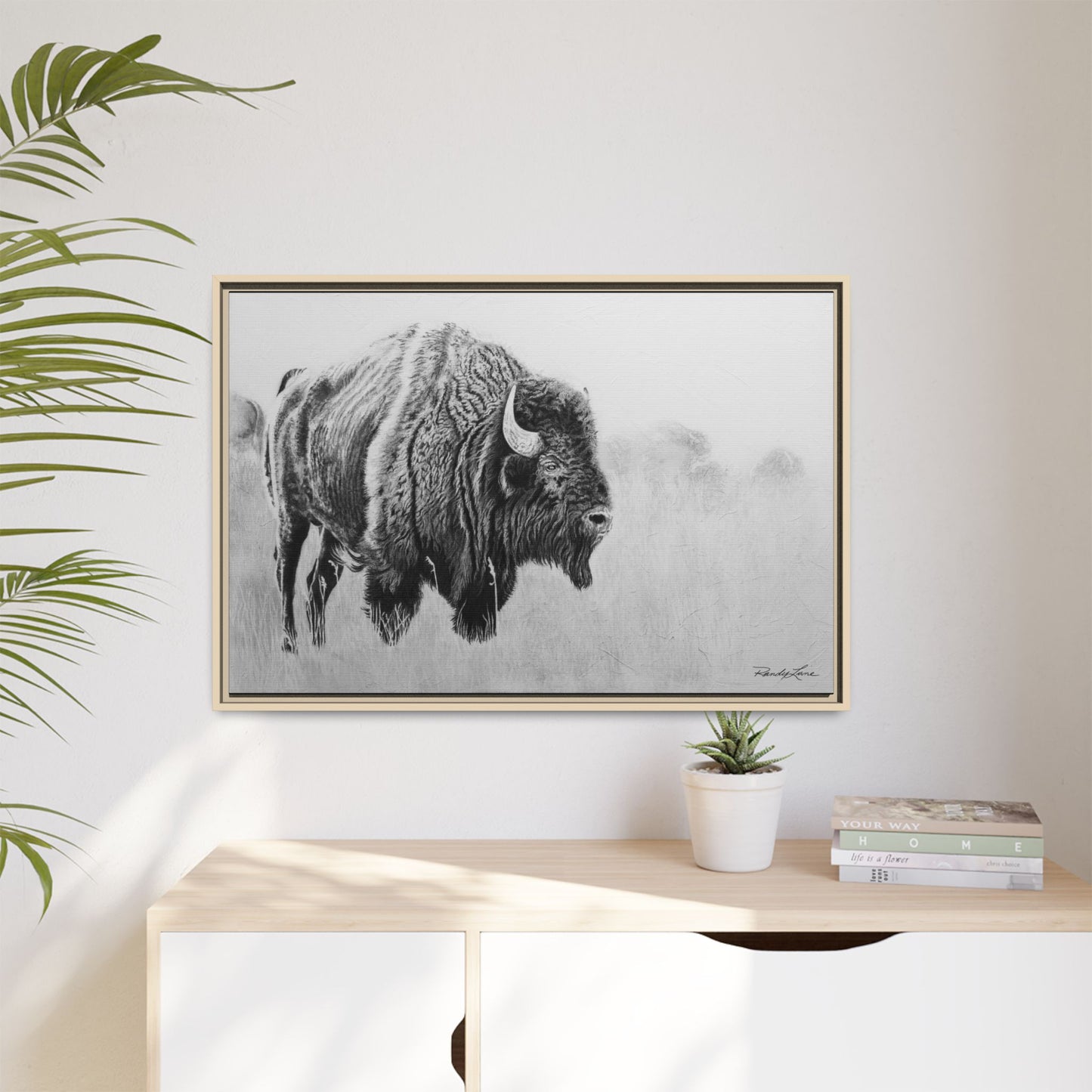 Prairie Bison, Bison Painting Framed Matte Canvas Print — Black & White Wildlife Wall Art