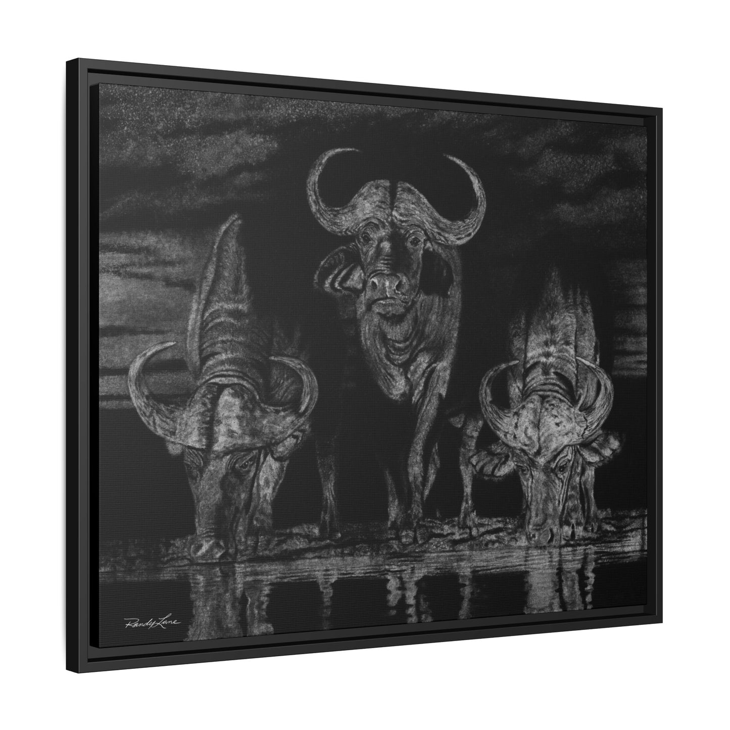 The Waterhole, Cape Buffalo Framed Canvas Wall Art