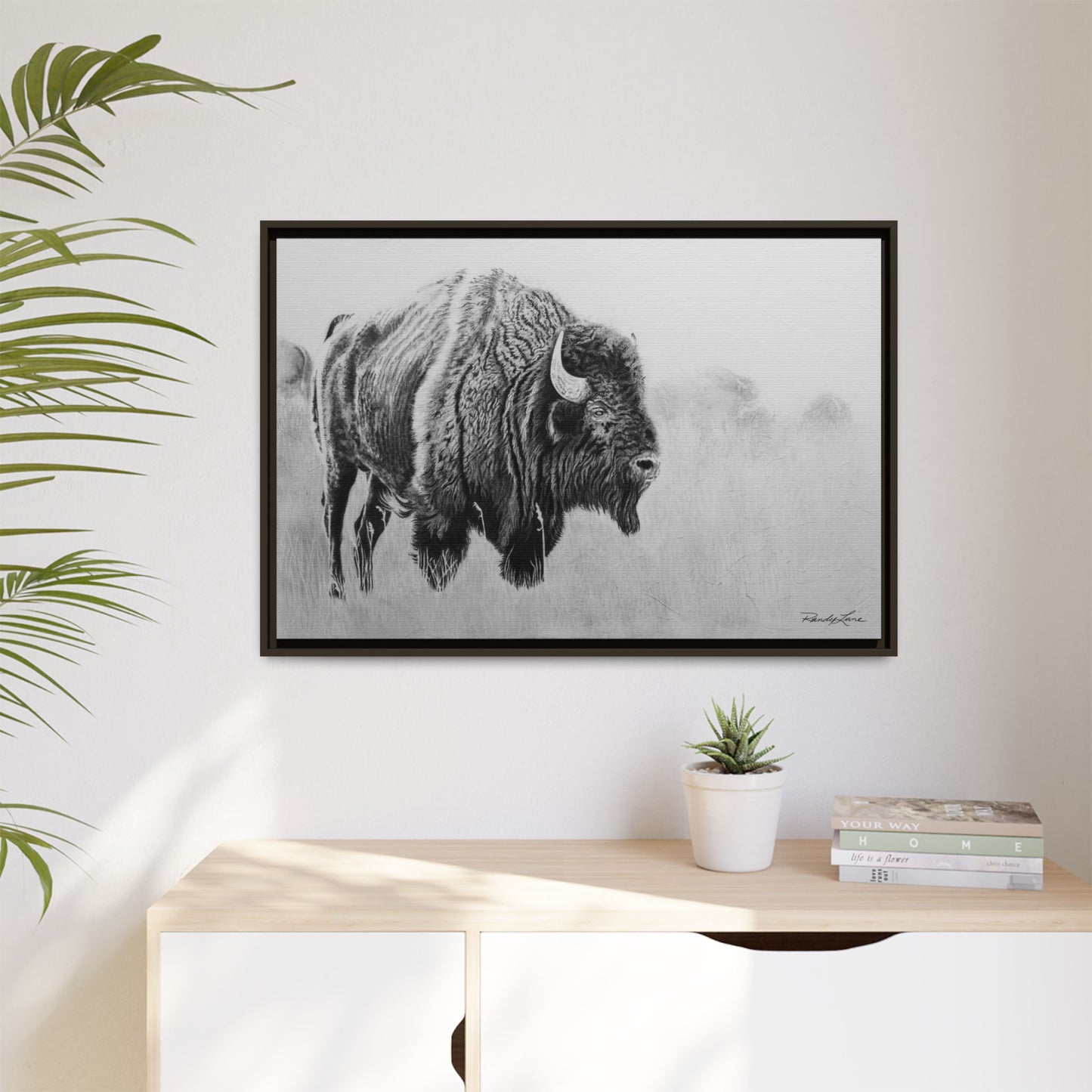Prairie Bison, Bison Painting Framed Matte Canvas Print — Black & White Wildlife Wall Art