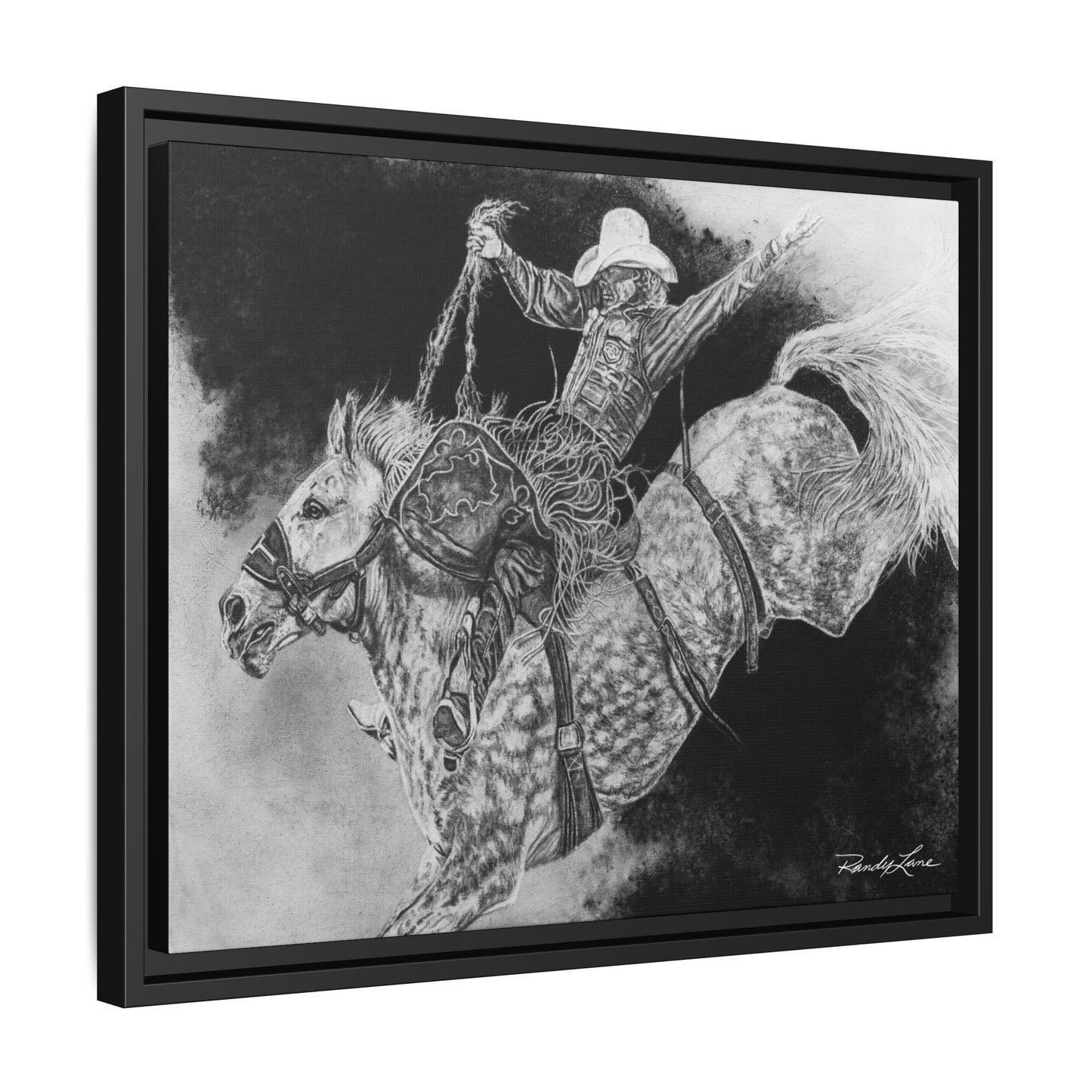 Big Grey, Rodeo Bareback Bronc Painting Framed Matte Canvas Wall Art — Bucking Bronco Cowboy Print