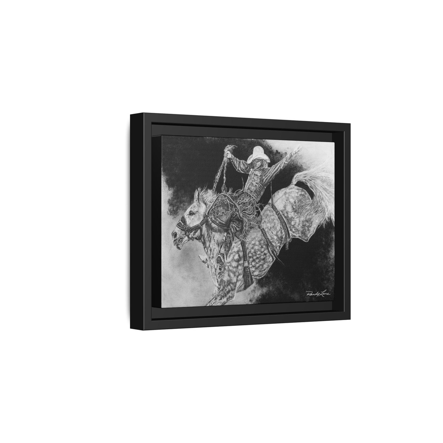 Big Grey, Rodeo Bareback Bronc Painting Framed Matte Canvas Wall Art — Bucking Bronco Cowboy Print