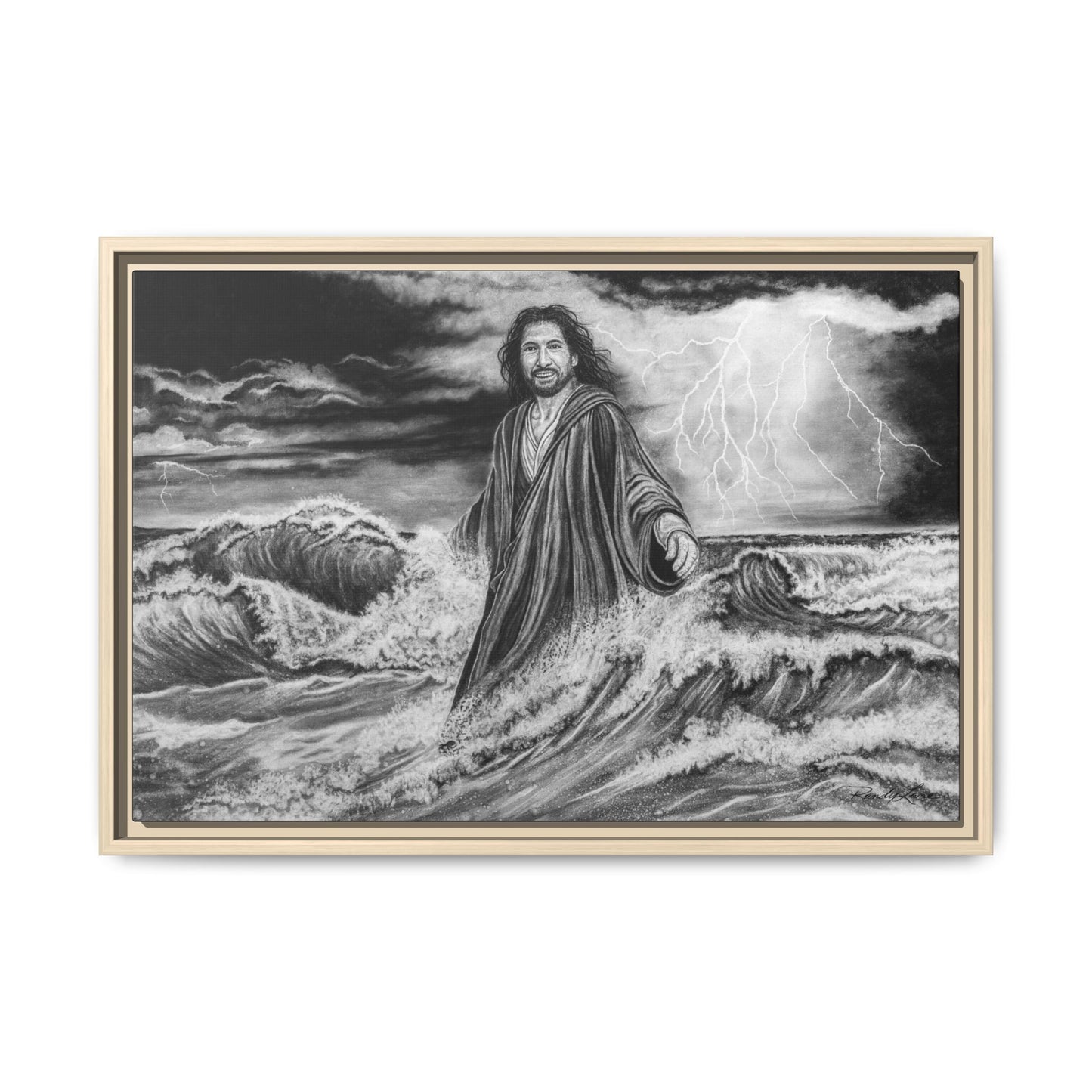 View from the Boat, Jesus Walking on Water Painting Framed Matte Canvas — Religious Wall Art